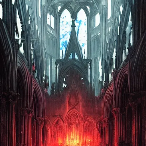 Prompt: interior of a gothic cathedral in hell, chains dangling from the ceiling, altar covered in blood, high windows letting red light from the desolate landscape enter the building, volumetric lighting, highly detailed, art by greg rutkowski