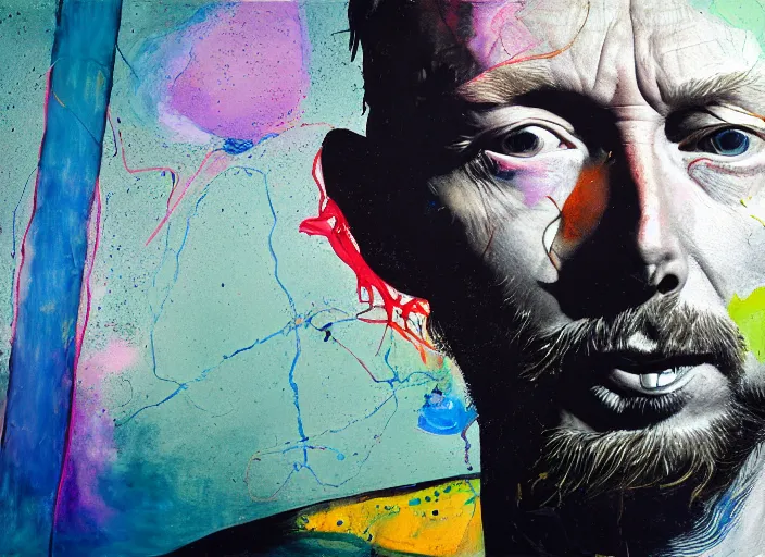Prompt: portrait of thom yorke, by vincent lefevre and hernan bas and pat steir and hilma af klint, psychological, photorealistic, dripping paint, washy brush, rendered in octane, altermodern, masterpiece