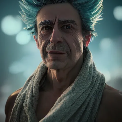 Image similar to full body pose, hyperrealistic photograph of a rick sanchez, dim volumetric lighting, 8 k, octane beautifully detailed render, extremely hyper detailed, intricate, epic composition, cinematic lighting, masterpiece, trending on artstation, very very detailed, stunning, hdr, smooth, sharp focus, high resolution, award, winning photo, dslr, 5 0 mm