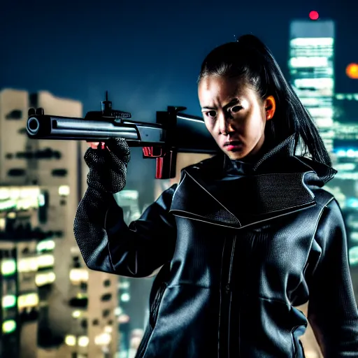 Image similar to photographic portrait of a techwear woman holding a shotgun, holding shotgun down, closeup, on the rooftop of a futuristic city at night, sigma 85mm f/1.4, 4k, depth of field, high resolution, full color, award winning photography, inspired by Kill Bill, inspired by John Wick, inspired by Die Hard, movies with guns, movie firearms