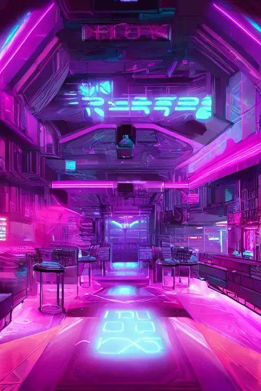 Image similar to cyberpunk synthwave nightclub interior, pink neon lights, futuristic, cgsociety, in the style of artstation