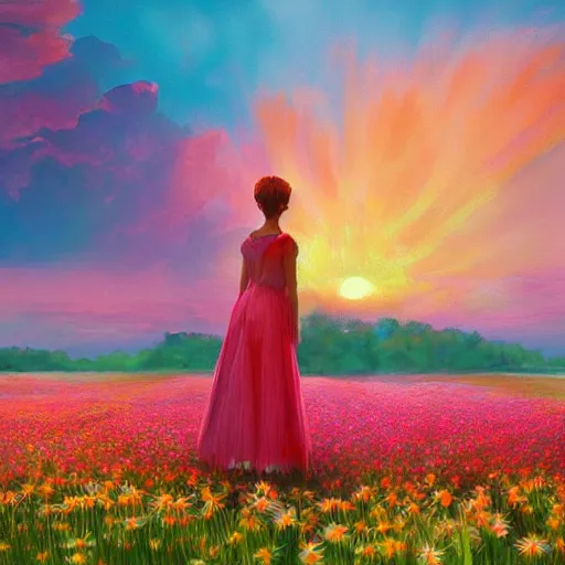 Prompt: wearing giant daisy flower head, full body girl standing in a flower field, surreal photography, sunrise, dramatic light, impressionist painting, colorful clouds, digital painting, artstation, simon stalenhag