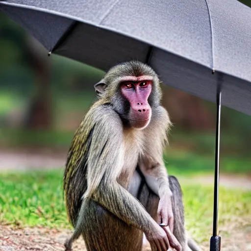 Image similar to baboon facing away from camera holding an umbrella, detailed, clean, realistic