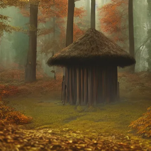 Image similar to shamans hut in an autumn forest, green and brown tones, by Aron Wiesenfeld and beksincki, cinematic, detailed illustration, nature, fog, dark colors, suspense, intricate, 8k