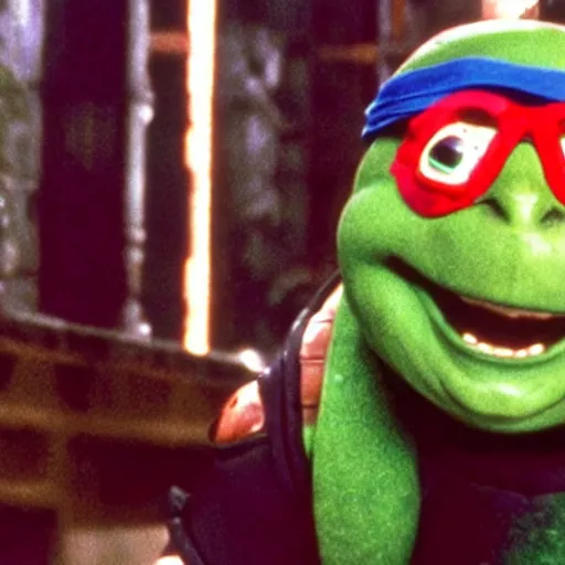 Prompt: Danny DeVito as a Ninja Turtle in Teenage Mutant Ninja Turtles (1990), film still, photo