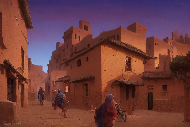 Prompt: in the middle of a adobe house kasbah town, mud and brick houses, merchant street, pueblo architecture, colorful crowd. Scenic view at night, underexposed, clean horizon, matte painting by raphael lacoste and marc simonetti and craig mullins and christophe vacher, trending on artstation