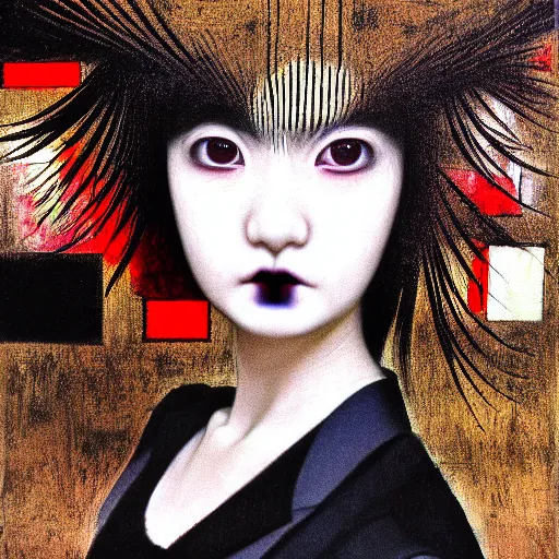 Image similar to yoshitaka amano blurred and dreamy realistic three quarter angle portrait of a young woman with black lipstick and black eyes wearing dress suit with tie, junji ito abstract patterns in the background, satoshi kon anime, noisy film grain effect, highly detailed, renaissance oil painting, weird portrait angle, blurred lost edges