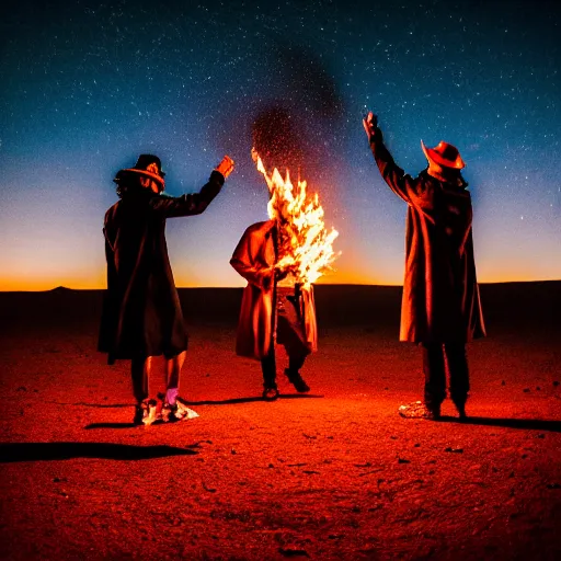 Prompt: photograph of three ravers, two men, one woman in a trenchcoat blessing the earth, seen from behind, talking around a fire, dancefloor kismet, diverse costumes, clean composition, desert transition area, bonfire, night, australian desert, xf iq 4, symmetry, sony a 7 r, 1 5 0 mp, 5 0 mm