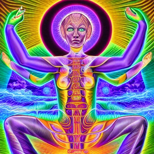 Image similar to the sacred feminine by alex grey, digital visionary art