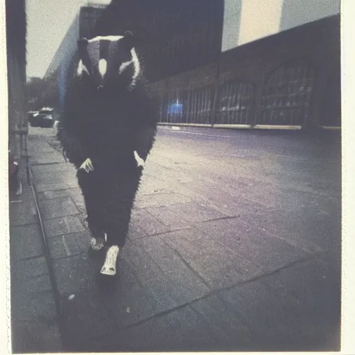 Image similar to 90s retro polaroid photo of a handsome old badger wearing a leather jacket on a gloomy day in the city, image artifacts