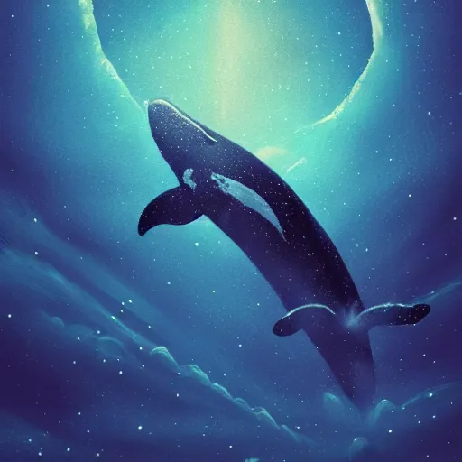 Image similar to portrait of whale swimming on a night sky, swimming across the universe, oniric, dreamy, beautiful, highly detailed, cinematic, trending on artstation