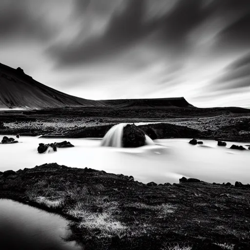 Prompt: Landscape photography, Icelandic, Photography, Color Grading, DSLR, Long Exposure, Black and White with blue filter, Beautiful Lighting