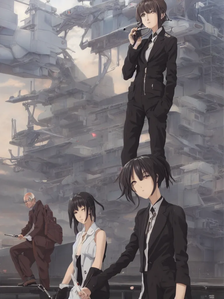 Image similar to Portrait of an anime woman smoking a cigarette, standing in front of a cyborg repair shop, intricate school uniform, whole body, feminine figure, smooth skin, gorgeous, pretty face, beautiful fashion model body, high detail, hyper realistic, while a lone futuristic military cargo ship flies overhead, by Greg Rutkowski and Krenz Cushart and Pan_Ren_Wei and Hongkun_st and Bo Chen and Enze Fu and WLOP and Madhouse Inc., anime style, crepuscular rays, set in rainy futuristic cyberpunk Tokyo street, dapped light, dark fantasy, cgsociety, trending on artstation