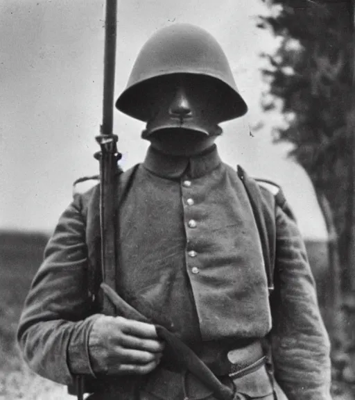 Prompt: a man at wearing iron mask in distance, ww1 film photo, grainy, high detail, high resolution