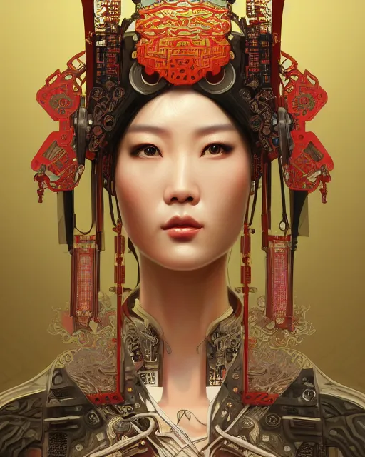 Image similar to portrait of a cyberpunk machine, machine face, upper half portrait, decorated with chinese opera motifs, asian, fine china, wuxia, traditional chinese art, intricate, elegant, highly detailed, symmetry, headpiece, digital painting, artstation concept art smooth sharp focus, illustration, art by artgerm and greg rutkowski alphonse mucha 8 k