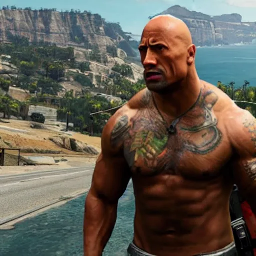 Image similar to a photo of Dwayne Johnson as a GTA 5 cutscene effect,