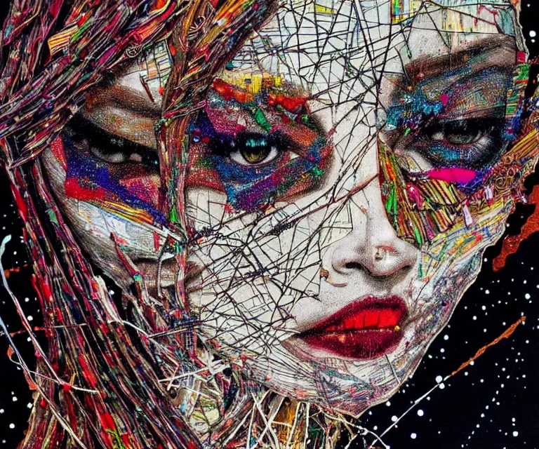 Image similar to nights falling wind is blowwing snow is pilling concept art in style of el anatsui and carne griffiths artwork by xsullo. mix media, biomecanical cyber alian of the whiched,, artwork by el anatsui and carne griffiths artwork by xsullo, insanely detailed, artstation,