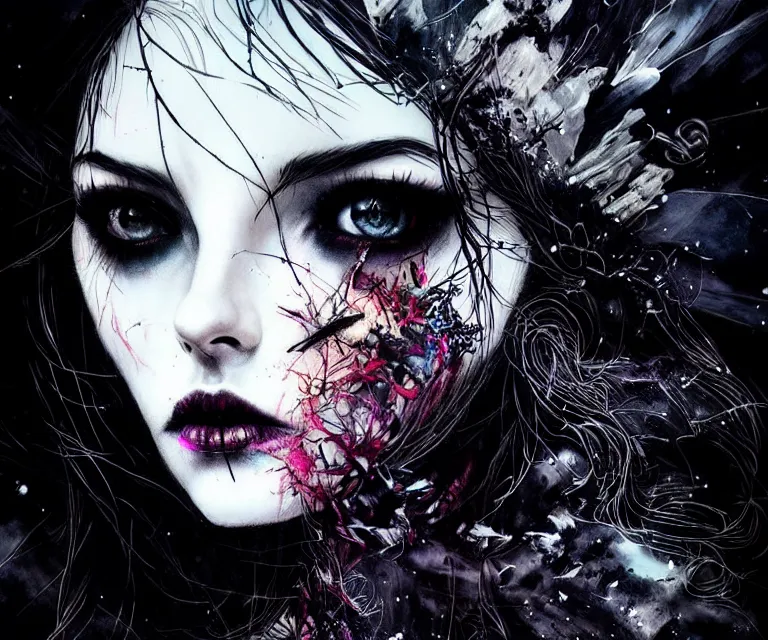 Image similar to stunning otherworldly gothic goddess of beauty, dark and mysterious, atmospheric, ominous, eerie, cinematic, epic, 8 k, 4 k, ultra detail, ultra realistic, rendered by awesomeness. nights falling wind is blowwing snow is pilling concept art in style of carne griffiths artwork by xsullo