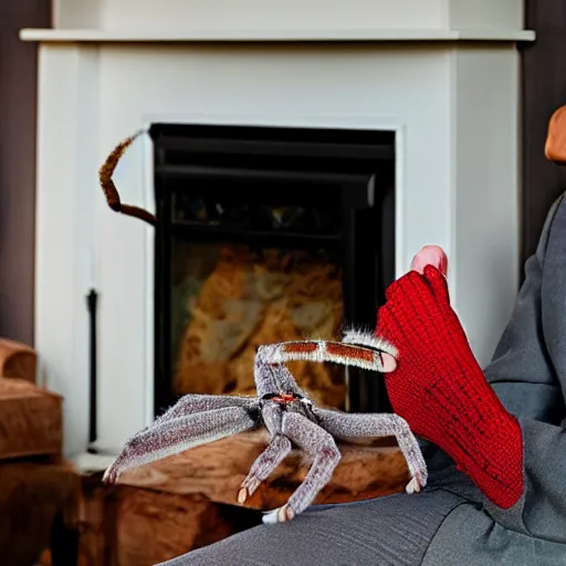 Prompt: A huntsman spider knitting knitting knitting a sock in front of a cozy fireplace