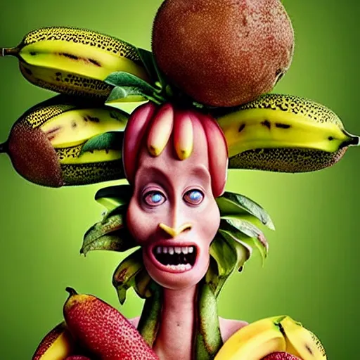 Prompt: banana dryad, megan fox editorial by malczewski and arcimboldo, fruit dryad sculpture by arcimboldo, stil frame from'cloudy with a chance of meatballs 2'( 2 0 1 3 ) of banana dryad, banana hybrid megan fox editorial by arcimboldo, banana 🍌