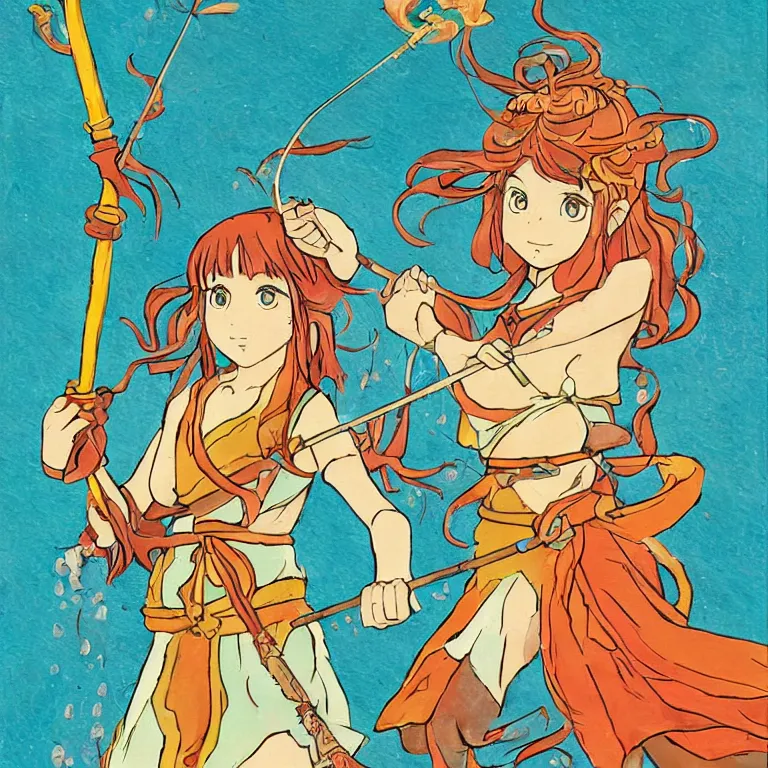 Image similar to young goddess, in goldfish armor, wielding a fish sword, symmetrical, painting in the style of studio ghibli