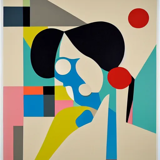 Prompt: A abstract painting in the style of Hildegarde Handsaeme and Gary Hume and Tatsuro Kiuchi, flat colour-block style, geometric abstraction, portrait of beautiful woman, clean black outlines, modern pastel colours