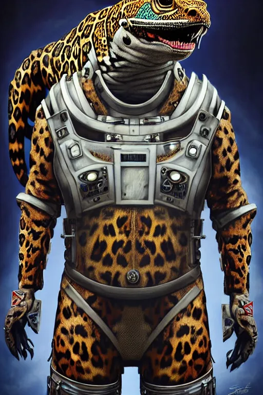 Prompt: a portrait of a muscular anthropomorphic cyberpunk leopard lizard with big head in spacesuit armor with ensignia on chest plate by sandra chevrier, by jon foster, detailed render, pistol in holster, tape deck, epic composition, cybernetics, 4 k realistic, cryengine, realistic shaded lighting, sharp focus, masterpiece, by enki bilal