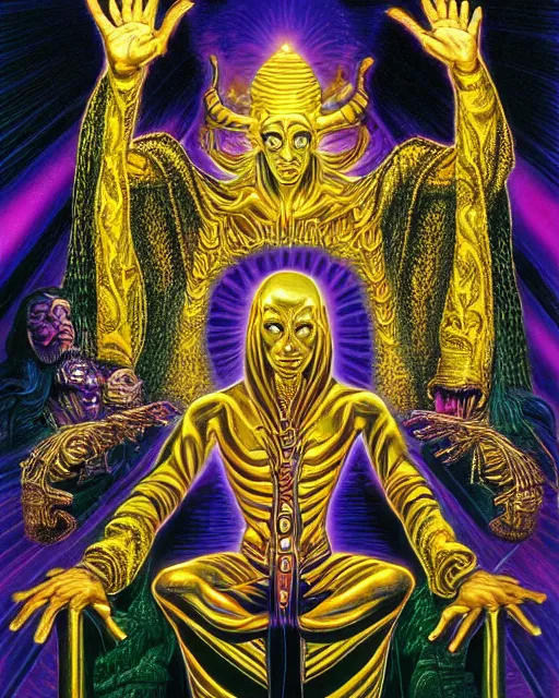 Image similar to gold glowing alien high priest god at the royal black and gold altar chamber by alex grey