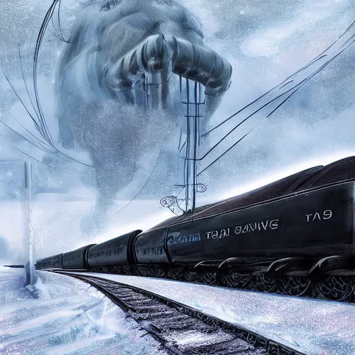 Image similar to an imposing futuristic black steam train and a giant mammoth, post - apocalyptic ice landscape with heavy snow, digital art