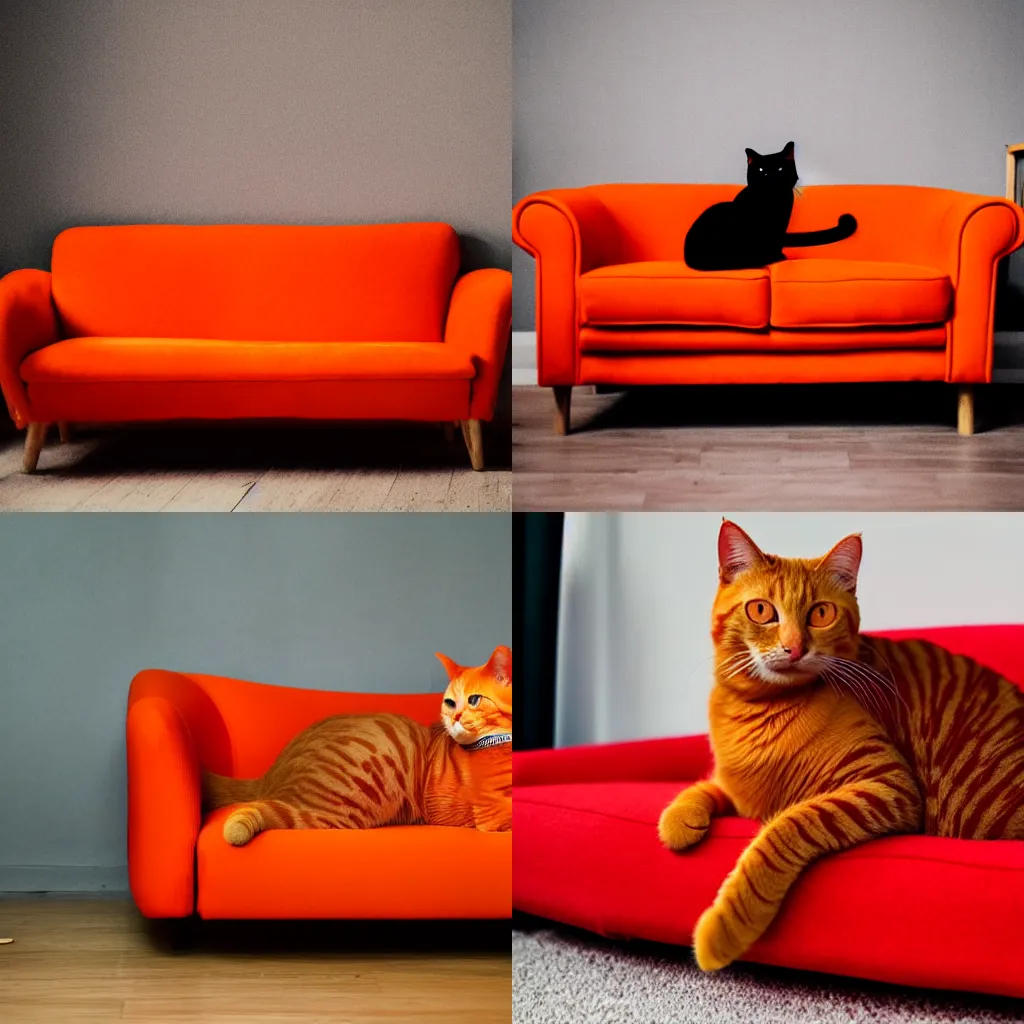 Prompt: A photo of an orange cat laying on a red sofa