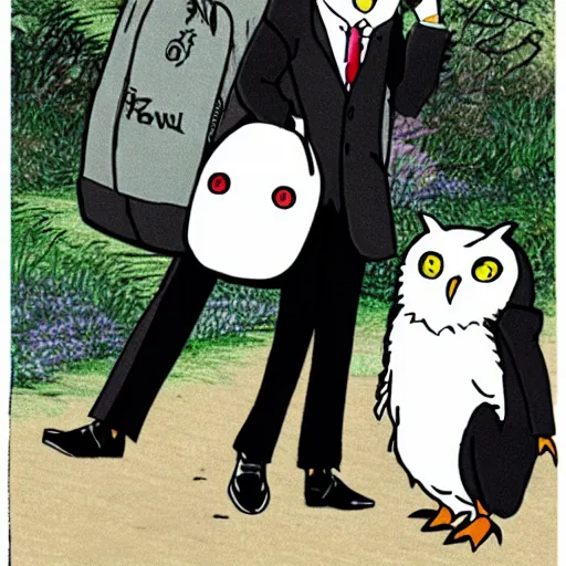 Prompt: barn owl in a black suit wearing an office bag going to the office,drawn by Hayao Miyazaki and Beatrix Potter, highly detailed,anime, anime shot,anime colours, inspired by my neighbor totoro 1988