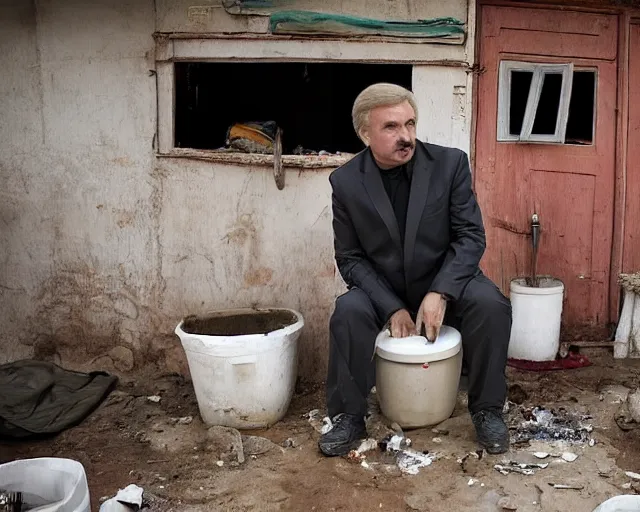 Image similar to фдучфтвук lukashenko inject heroin on the backdrop of poverty, wooden toilets, pits and squalor from vince gilligan film