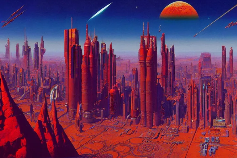 Prompt: cloisonnism wide angle painting of megacity 1 from judge dredd megacity 1 from judge dredd in no mans sky no mans sky | masterpiece syd - mead, moebius, bekskinski