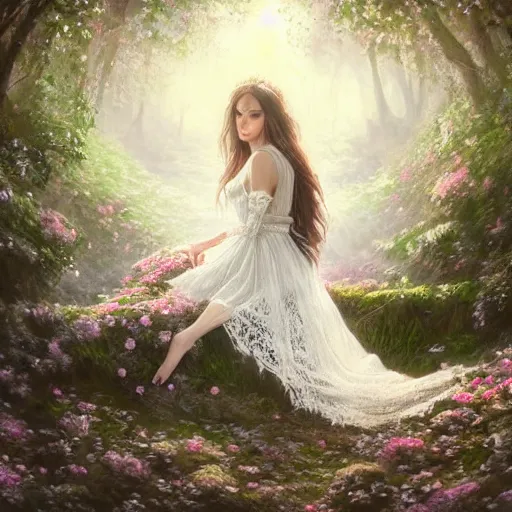 Prompt: a picture of a beautiful woman in a white lace dress and covered in flowers and leaves sitting overlooking an enchanted forest, high fantasy, elegant, epic, detailed, intricate, digital painting, concept art, realistic detailed face, smooth, focus, volumetric light through the trees,