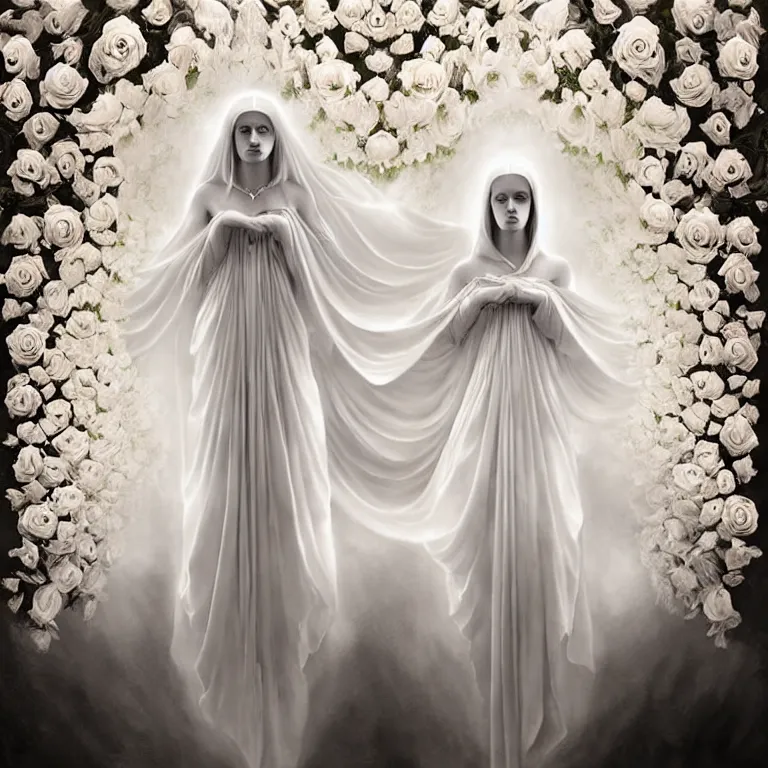 Prompt: professional digital art of wonderful symmetrical goddess with a majestic semi transparent white roses cotton dress, atmospheric light, dramatic lighting, cinematic, painted, intricate, detailed, foreboding, by art by meredit frampton and gregory crewdson, epic, stunning, gorgeous, much wow, cinematic, masterpiece.