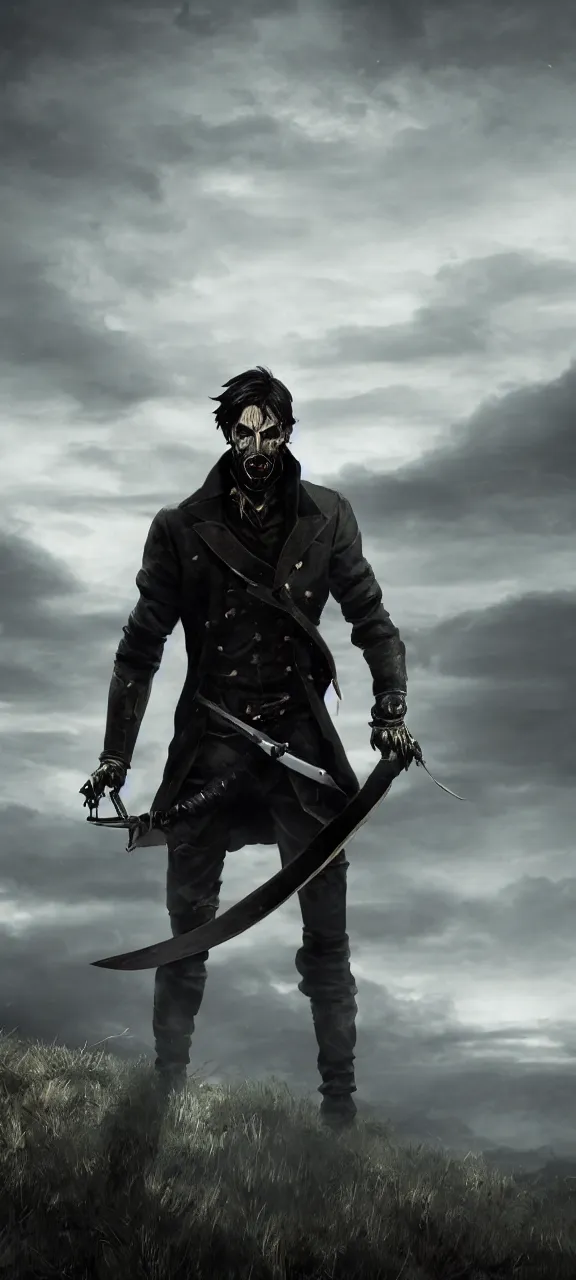 Prompt: portrait of corvo attano standing menacingly in a fight pose on a hill, holding a fold blade in his left hand, dunwall city behind him, grey color palette, cinematic lighting, depressive atmosphere, sharp focus, dishonored wallpaper 4 k, backlit, dishonored 1 wallpaper, hard focus, full body shot, cinematic