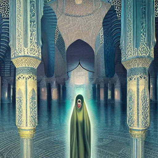 Prompt: detailed face of an arabic woman, glistening mosque, moment, tectonic sky, skydome, reactor, utopian, tech noir, wet reflections, prism, atmospheric, ambient, pj crook, syd mead, livia prima, artgerm, greg rutkowski, nick alm, casey baugh