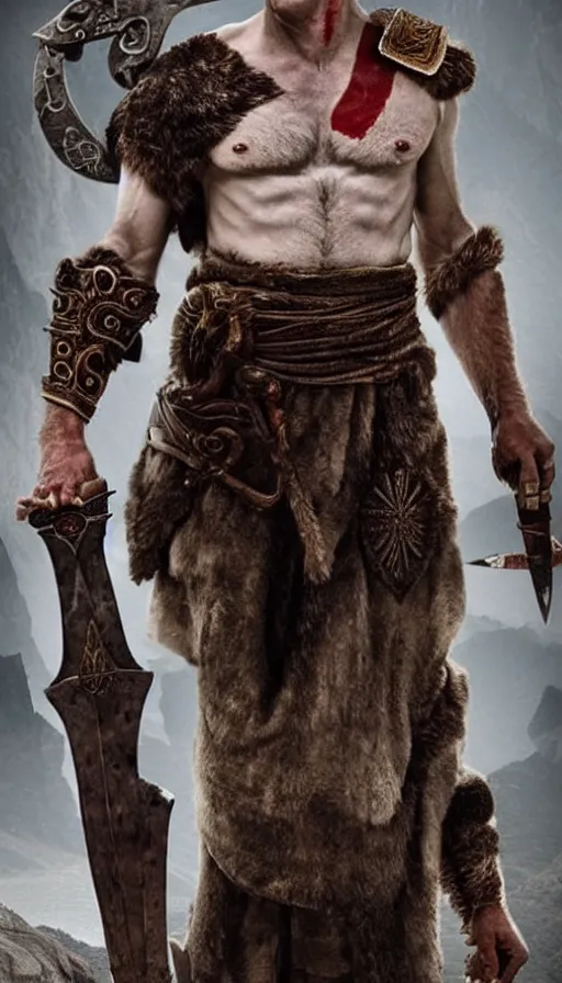 Prompt: hugh laurie as god of war, masculine, sweaty, intricate, warrior clothing and holding his great sword, hero, intricate, symmetrical features, highly - detailed,