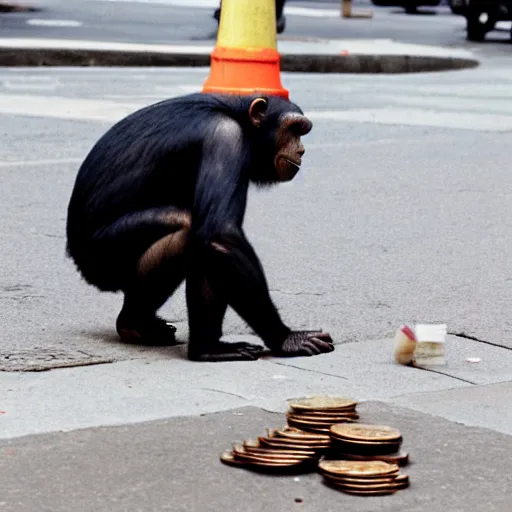 Prompt: a 5 0 mm photo of a chimpanzee picking up pennies on a street in manhattan, hyperrealistic