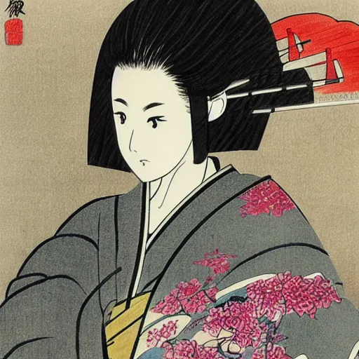 Image similar to a woman in a kimono holding an umbrella, an anime drawing by Kaburagi Kiyokata, featured on pixiv, shin hanga, hellish background, pixiv, official art