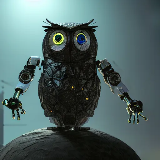 Image similar to a robotic owl, back lit, rim lighting, volumetric lighting, imposing, uneasy, cinematic, dramatic lighting, ray tracing, Arthur Rackham, 4k,8k, octane