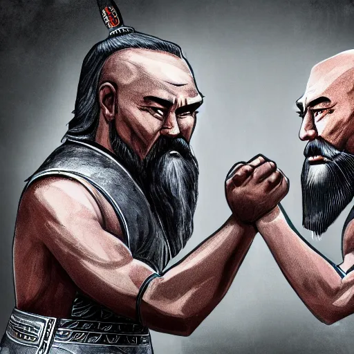 Image similar to Genghis Khan and Scipio Africanus having an arm wrestle, concept art, digital art, 8k photography, cinematic