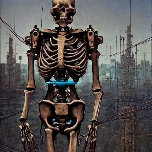 Prompt: cyborg skeleton robot, sharp boney angles, wires and lights exposed, skeleton has guns for hands, detailed cyberpunk city in background, beksinski style oil pairing on canvas, highly detailed