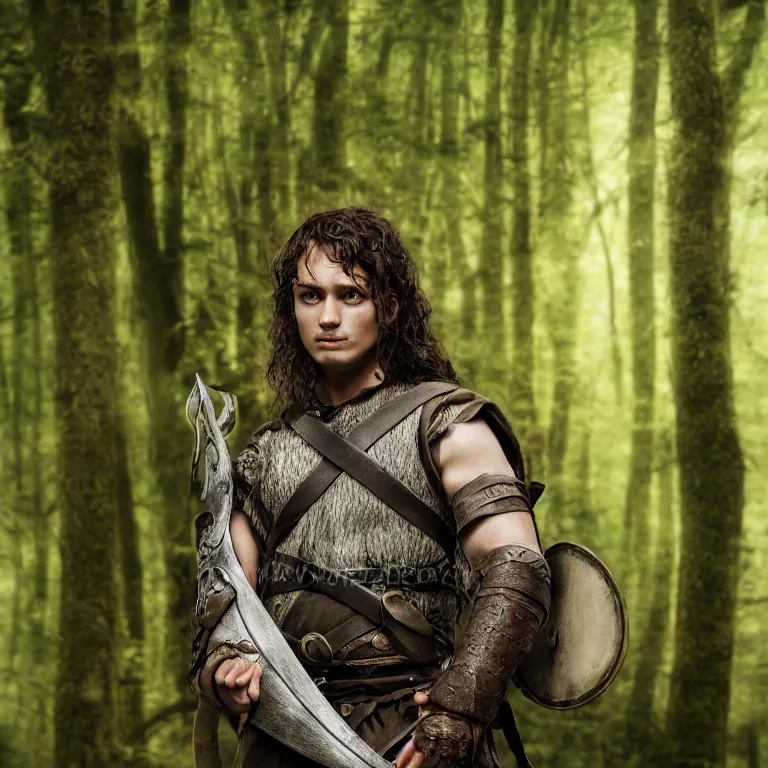 Image similar to 5 5 mm portrait photo of a male warrior, in a forest, lord of the rings style, highly detailed 8 k. lifelike. soft light. nikon d 8 5 0. cinematic post - processing, poster