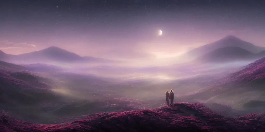 Prompt: masterpiece digital painting of a large landscape of the realm of dreams, stars in the sky, at dawn, emerging sun and hills on the horizon some light fog by wlop and sandara, and john howe, unreal engine, trending on artstation, more dark purple color scheme, cinematic lights, fireflies, sandman