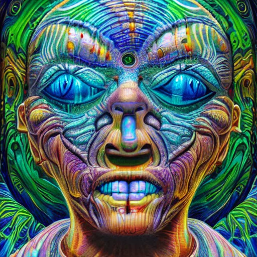 Image similar to hypercomplex floating horror head made out of blocks, submerged with psychedelic phantoms in fluid, horror art, surrounded by lush flora, by alex grey and lisa frank and karol bak and giger