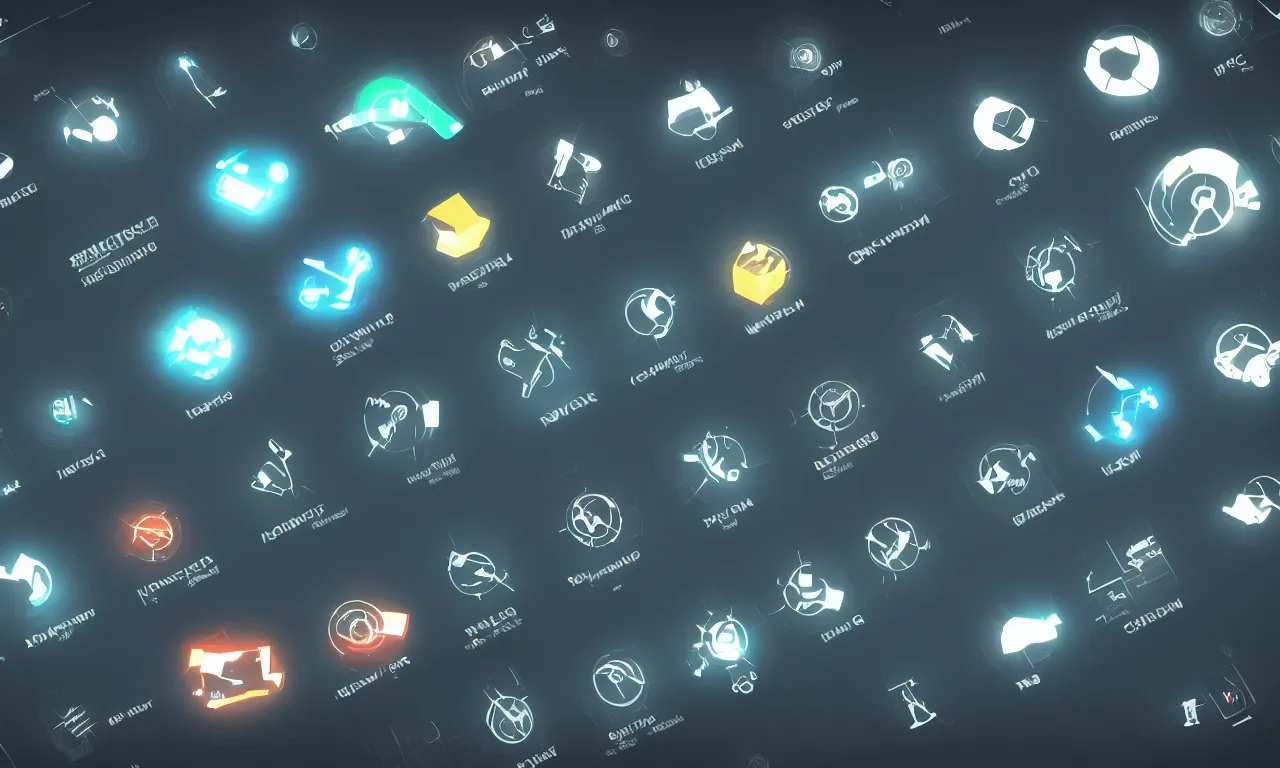 Image similar to futuristic application icons, GUI, software ICONS, operating system icons, design, modern, cinematic lighting, cinematic composition, in blade runner style