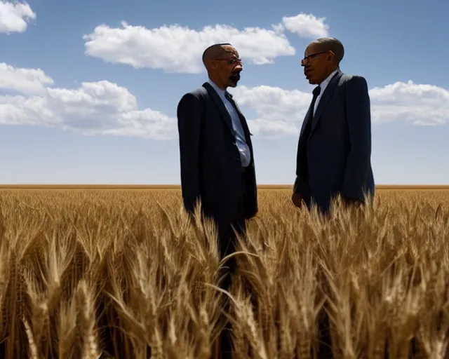 Prompt: extreme long shot of walter white and gustavo fring stand facing each other from a distance in a wheat field, low angle, side view, 8 5 mm photograph, 8 k resolution, wide shot, sharp lens