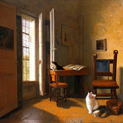 Image similar to a cozy little office nook with a cat in it, dmitry spiros, leonardo da vinci, jacques - louis david, johannes vermeer, 8 k, wide angle,