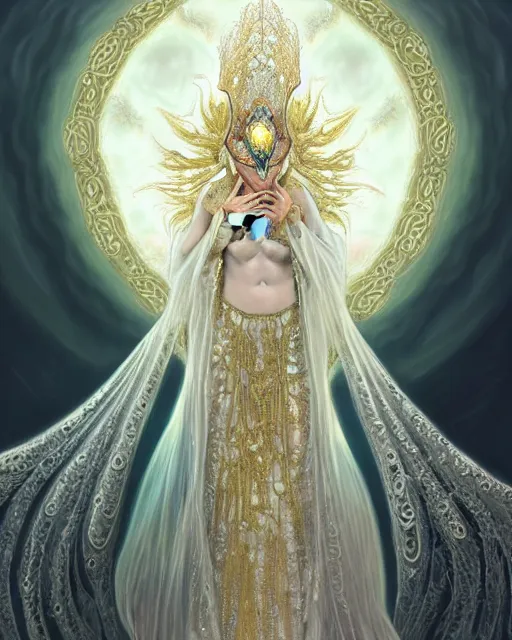 Image similar to beautiful ethereal maiden in a ivory masquerade mask intricate ornate fractal-lace and gemstones, wearing stunning ivory dress, ivory gold iridescent, full view, soft lighting, vivid, Hyperdetailed, 4k hd matte painting by Artgerm, Greg Rutkowski, Klimt, James Jean, 8k resolution, enchanting and otherworldly, Artstation, CGsociety, detailed, front view